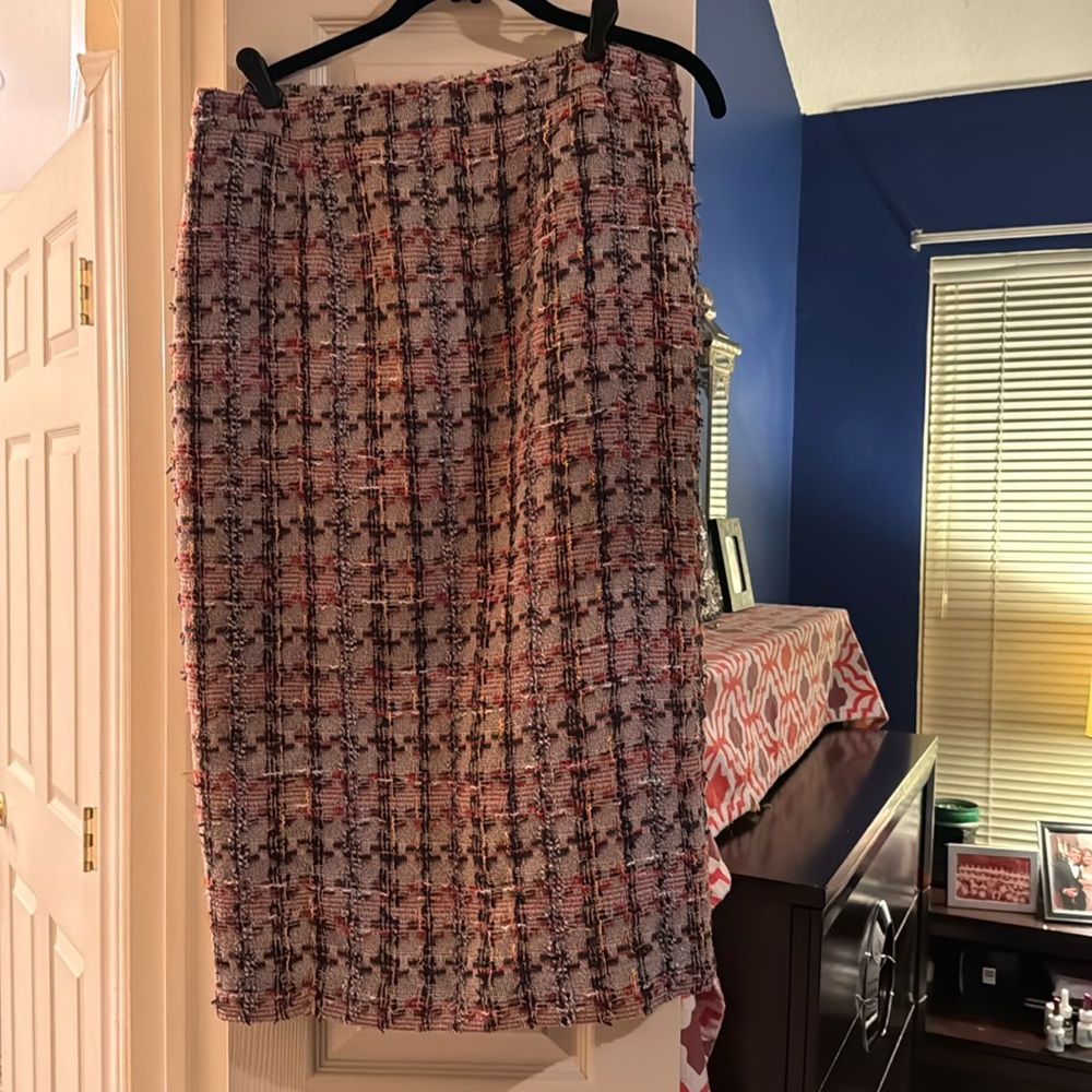 HALOGEN MULTI-COLOR BOUCLE MIDI SKIRT (12); OLD NAVY PURPLE STRIPE CARDIGAN (L)